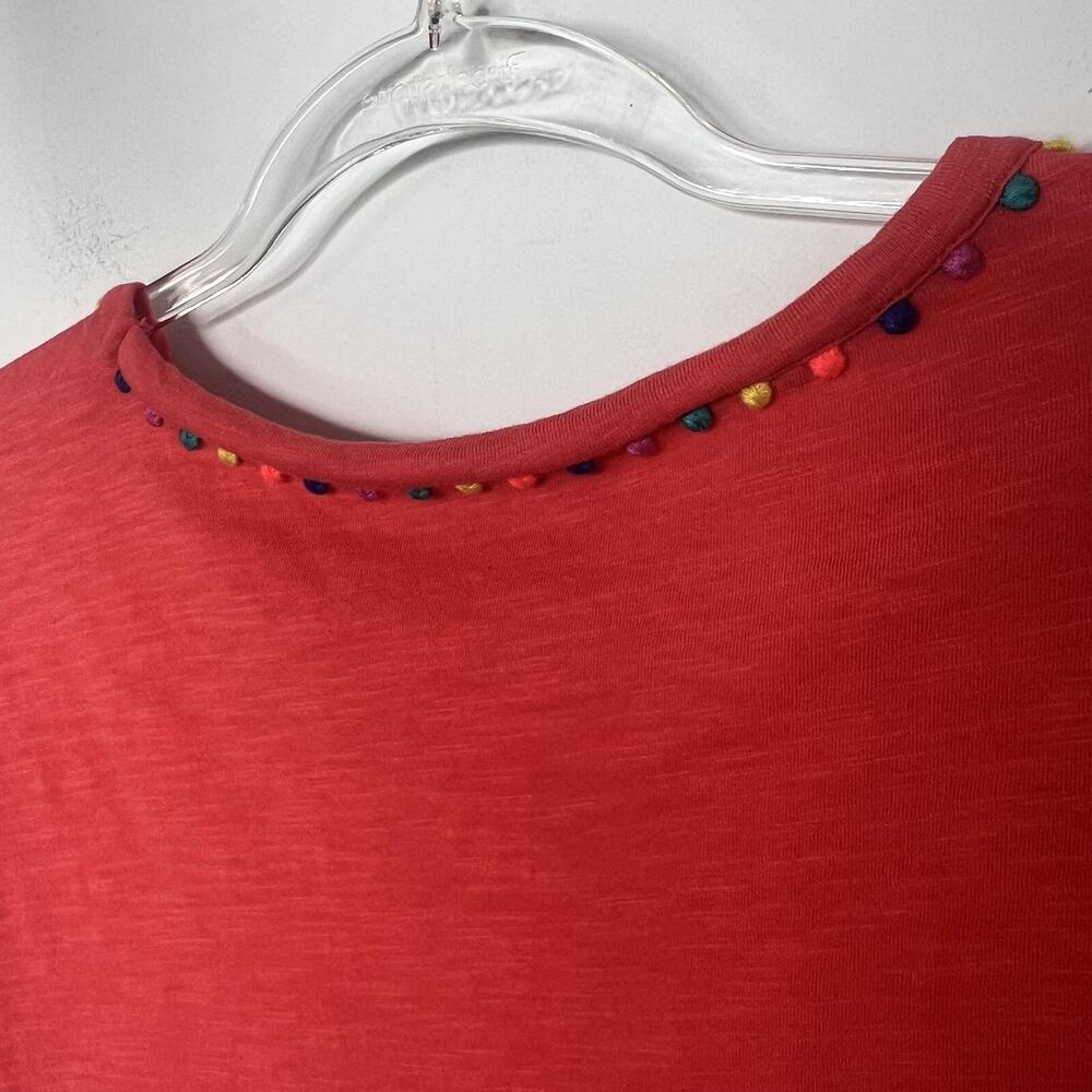 Boden Shirt Womens Medium Coral‎ Slub Cotton Pom Pom Trim Crewneck Short Sleeve - Picture 10 of 10
